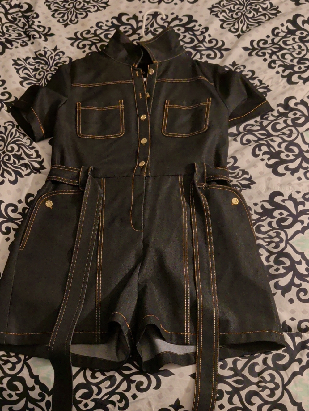 Junior's Black Short-Sleeve Utility Romper with Contrast Stitching